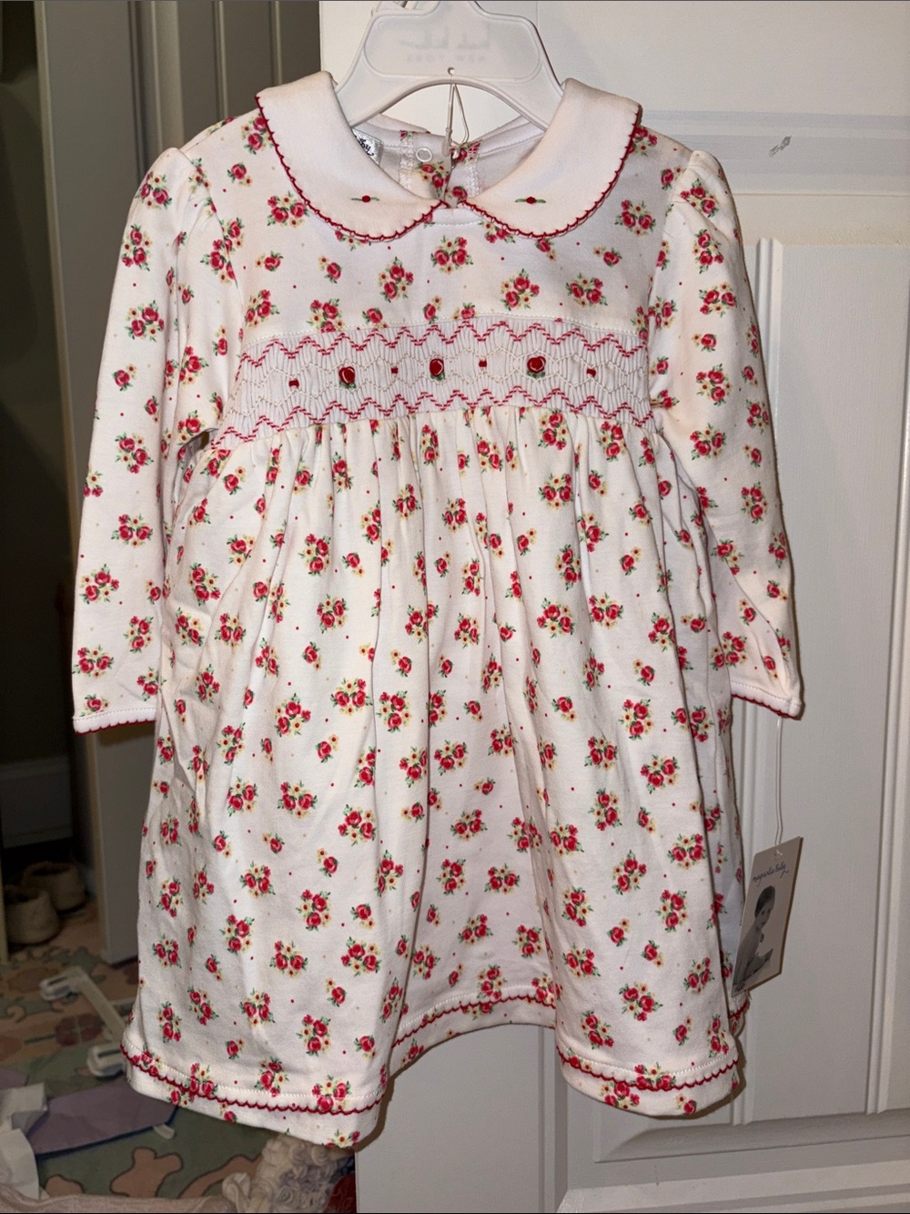 White and Pink Floral Smocked Long-Sleeve Baby Dress